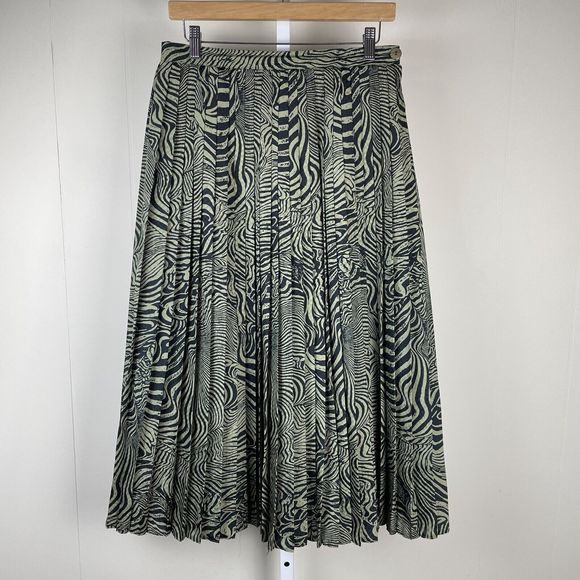 Vintage Bardehle Pleated Maxi Skirt Olive Green Black Swirly Stripes EU‎ Size 40 - Picture 1 of 6